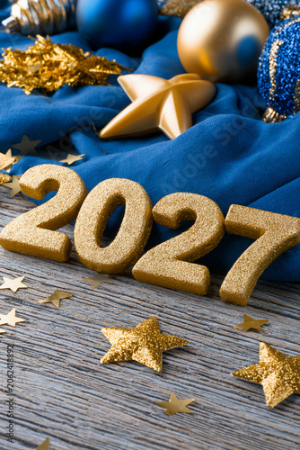 2027 New Year Decoration with Blue and Gold Festive Ornaments