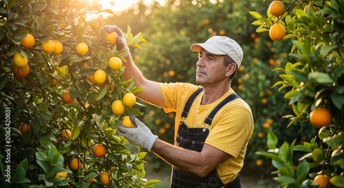Man picking oranges from a tree in an orchard