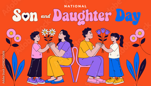 National Son and Daughter Day, family illustration, parent child love, colorful flat design
