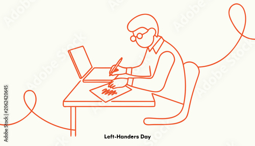 Left-handed person working on laptop, writing, Left-Handers Day, office worker, desk illustration