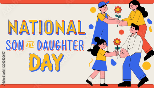 National Son and Daughter Day, family celebration, parent child love, floral gift, vector illustration