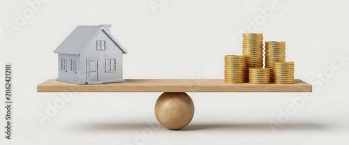 Balancing Act: A Miniature House and Stacks of Golden Coins on a Wooden Seesaw Representing Financial Investment and Real Estate Decisions