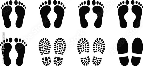 Footprint icon set, human feet and shoe sole prints with walking symbols for signage, education, navigation and safety marking designs.