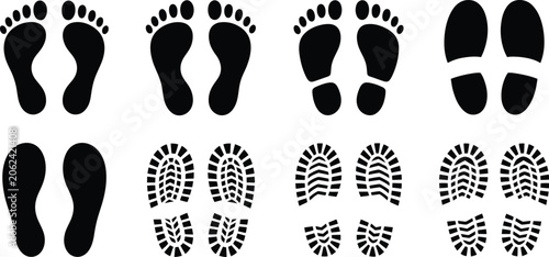 Footprint icon set, human foot and shoe print symbols with clean walking tracks and clear shapes isolated on white background.