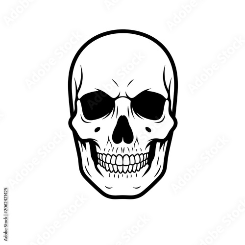 Black and white skull illustration with cracked teeth.