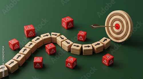 Navigating Path of Wooden Blocks with Arrows and Warning Signs Towards Target Bullseye with Arrow