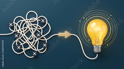 The path from complex problem solving to a bright idea, visualized with a tangled wire and a glowing light bulb.