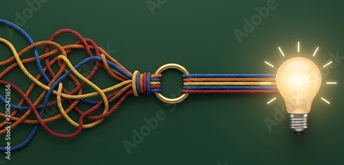 Complex tangled threads untangle and connect through a golden ring to illuminate a bright glowing light bulb, symbolizing innovation and problem-solving.