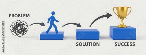 Abstract figure navigates through problem and solution steps to achieve golden trophy success on blue blocks with arrows.