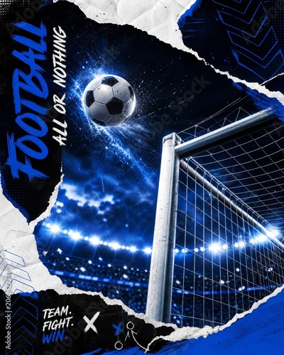 Soccer Goal and Ball Torn Paper Poster with Blue Stadium Lights