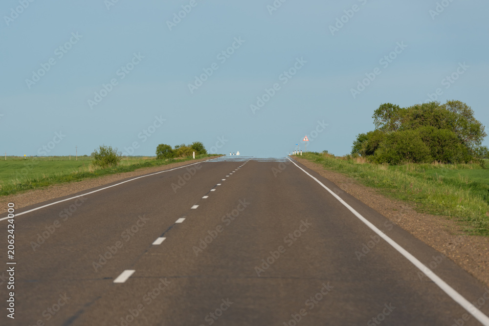 Fototapeta premium Long straight asphalt road leading toward the horizon through open fields under clear sky