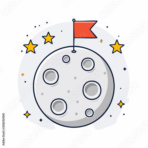 Moon Landing with Flag and Stars