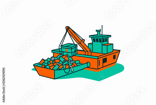Colorful Fishing Trawler Illustration With Crane.