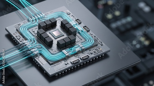 Advanced co-packaged optics AI accelerator with clean light lines 3D illustration with copy space