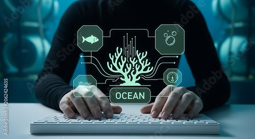 Person monitoring digital marine coral reef data on a computer interface