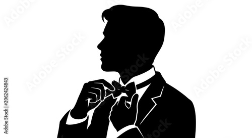 Photos Elegant gentleman silhouette adjusting bow tie, sophisticated man in tuxedo vect
