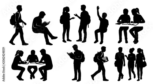 Bild auf Leinwand Student silhouettes collection, diverse school pupils with backpacks and books,