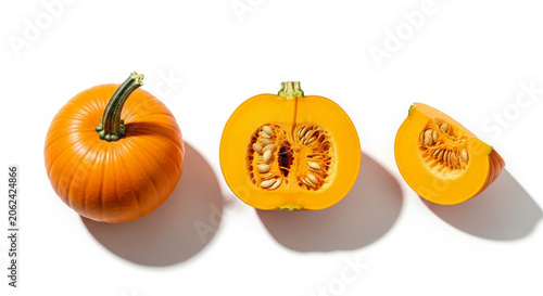 Pumpkin variety still life whole halved and slice with seeds displayed