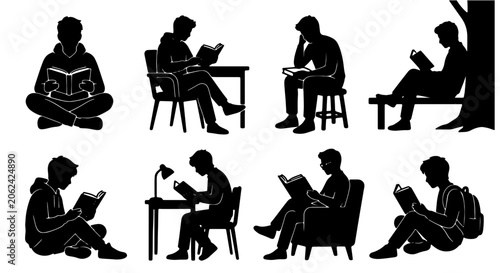 Fotografie Black silhouette people reading books vector set, 8 student and reader icons, di