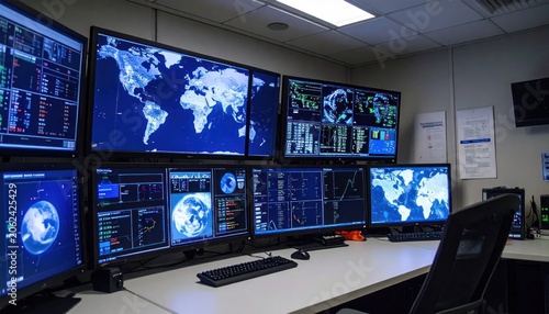 Command center with multiple screens showing global data.