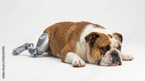 An English bulldog lying down with a prosthetic robotic hind leg on a white background.