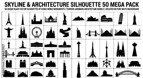Foto Skyline and architecture silhouette 50 mega pack, black vector silhouettes of ic