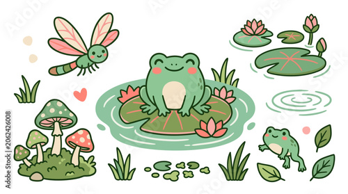 Green Frog Sitting on a Lily Pad.