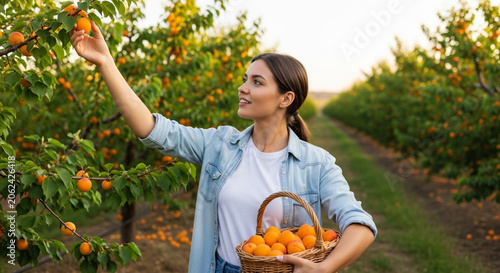 Young woman harvesting apricots in orchard at golden hour