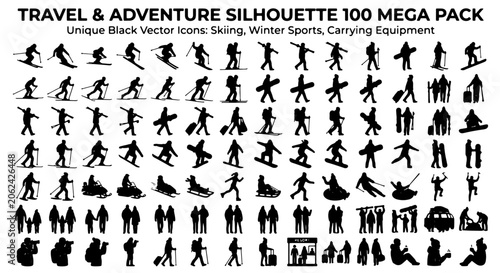 Bild auf Leinwand Travel and adventure silhouette 100 mega pack, winter sports black vector icons,