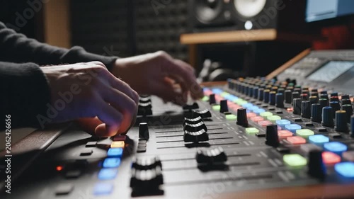 Electronic Music Mixing Hands Adjusting Faders in Dim Studio