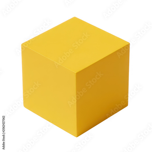 A single solid yellow cube with sharp edges and a smooth matte surface texture, representing a simple... isolated on a transparent background