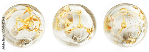 Quadro su tela 3D transparent bubbles set with gold molecule inside for skin care ads