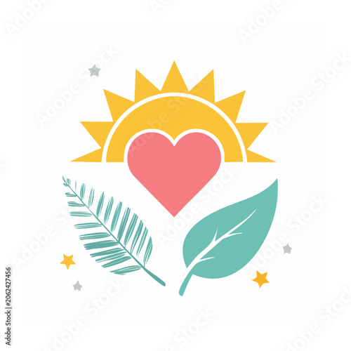 Sun Heart and Leaf Flat Icon Set