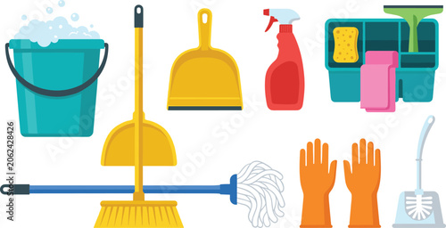 Cuadro en lienzo Household Cleaning Tools Vector Icon Set with Broom Mop Bucket Soap Foam Dustpan