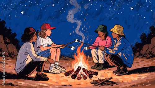 Illustration of friends roasting marshmallows, camping at night, under starry sky, outdoor fun