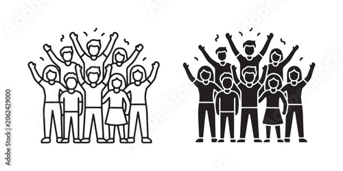 Black and white line art people celebrating with raised hands Vector, illustration
