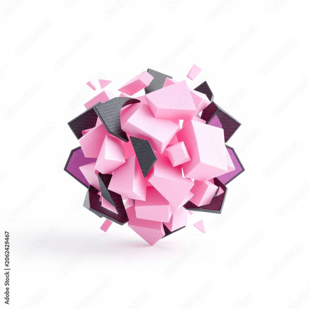 Obraz premium Abstract cubic forms explode, pink dominates with dark accents. Shapes create dynamic composition, isolated on white background.