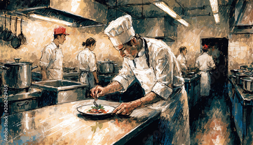 Chef preparing food, kitchen staff, culinary arts, restaurant kitchen