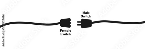 Male and Female Plug Connection Vector Black Power Cord Wire Elements and Silhouette Electrical Socket Concept Isolated on White.