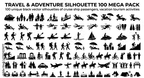Foto Travel and adventure silhouette 100 mega pack, black vector silhouettes of cruis