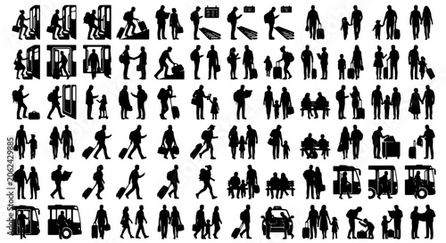 Fotografie Traveler silhouette collection, airport passengers with luggage and suitcases ve