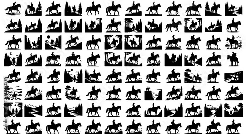 Foto Horse rider silhouette collection, 108 equestrian vector icons, black and white