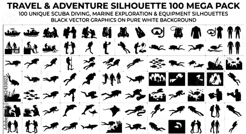 Foto Scuba diving silhouette mega pack, 100 marine exploration and underwater equipme