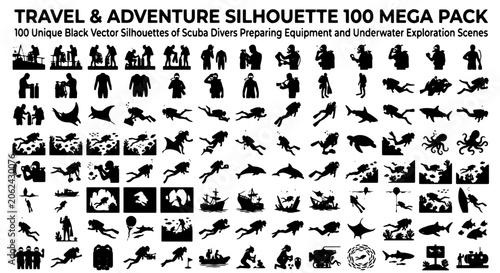 Bild auf Leinwand Scuba diving silhouettes mega pack, 100 black vector icons of underwater explora