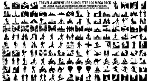 Photography Travel and adventure silhouette 100 mega pack, black vector silhouettes of world