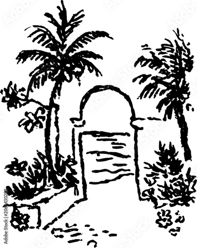 Hand Drawn Palm Trees with Archway Vector Illustration