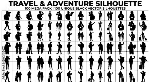 Travel and adventure silhouette mega pack, 100 unique black vector silhouettes of tourists, travelers with backpacks and luggage icons