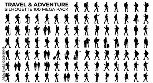 Travel and adventure silhouette 100 mega pack, hiking and walking traveler silhouettes, black backpacker and tourist vector icons for outdoor exploration