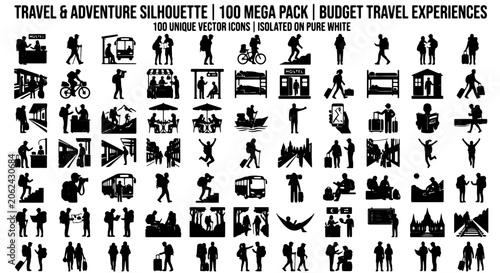 Travel and adventure silhouette mega pack, 100 unique vector icons for budget travel experiences, black tourist and hiker symbols isolated on white