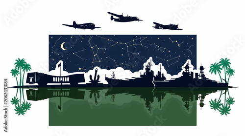 Φωτογραφία Silhouette Vector Illustration of USS Arizona Memorial, Battleships, and Airplan
